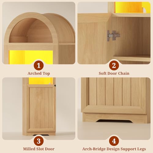 72" Tall Arched Narrow Bathroom Storage Cabinet with Lights, Slim Storage Cabinet with Adjustable Shelves for Small Spaces, Farmhouse Style (Oak) - color: Oak