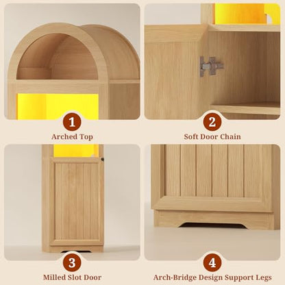 72" Tall Arched Narrow Bathroom Storage Cabinet with Lights, Slim Storage Cabinet with Adjustable Shelves for Small Spaces, Farmhouse Style (Oak) - color: Oak