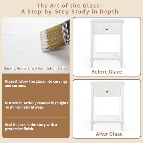 26" Night Stand with Drawers, Painted Bedside Table, Solid Wood Nightstand | Pine Leg and Solid Wood Frame Nightstand, Side Table End Table for Bedroom, Carved Pattern, Distressed White - color: Distressed White