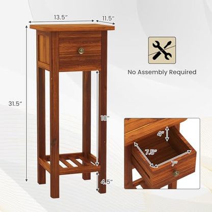 Giantex Narrow End Table with Drawer, Tall Acacia Wood Side Table with Bottom Shelf, Modern Bedside Tables, 2-Tier Nightstand for Small Spaces Bedroom Living Room, No Assemble Required, Brown - color: Brown
