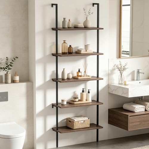 aboxoo Ladder Shelf 2PCS Open Bookshelf 5-Tier Wall-Mounted Wood Bookcase Rack Open Back Industrial Modern Plant Flower Stand Utility OrganizerMetal Frame Furniture Office Kitchen Bedroom (Brown) - color: Rustic Brown 5-tier, size: 2PCS
