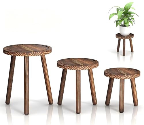 3-Pack Wood Plant Stands Indoor, Single Plant Stand for 6-12 Inch Pots, Mid-Century Modern Plant Stool, Tall Plant Stand for Large Plants Perfect Fit for Living Room, Balcony, Office - color: heavy burnt color