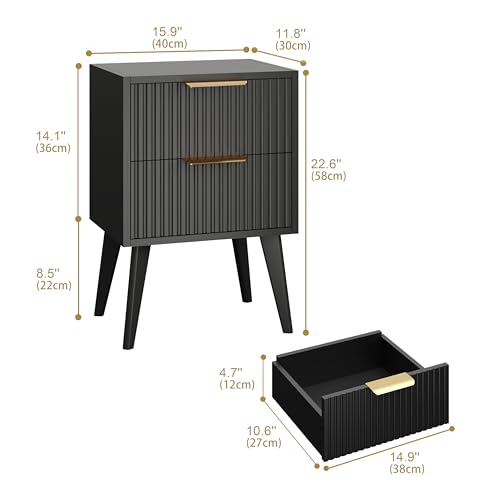YAUKOMEL Black Nightstand,Mid Century Modern Bedside Table, Fluted Nightstand with 2 Drawers,Side Table with Wood Legs, End Table for Bedroom,Apartment,Dormitory,Small Space Black CTG55BK - color: Black, style: Fluted Style