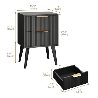 YAUKOMEL Black Nightstand,Mid Century Modern Bedside Table, Fluted Nightstand with 2 Drawers,Side Table with Wood Legs, End Table for Bedroom,Apartment,Dormitory,Small Space Black CTG55BK - color: Black, style: Fluted Style
