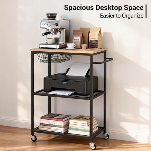 Rolling Kitchen Microwave Cart, 3 Tier Microwave Table Stand with Storage, Kitchen Utility Cart on Lockable Wheels, Small Coffee Cart Shelf Rack Organizer for Kitchen Island Coffee Bar Office Black