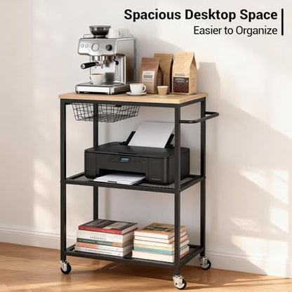 Rolling Kitchen Microwave Cart, 3 Tier Microwave Table Stand with Storage, Kitchen Utility Cart on Lockable Wheels, Small Coffee Cart Shelf Rack Organizer for Kitchen Island Coffee Bar Office Black