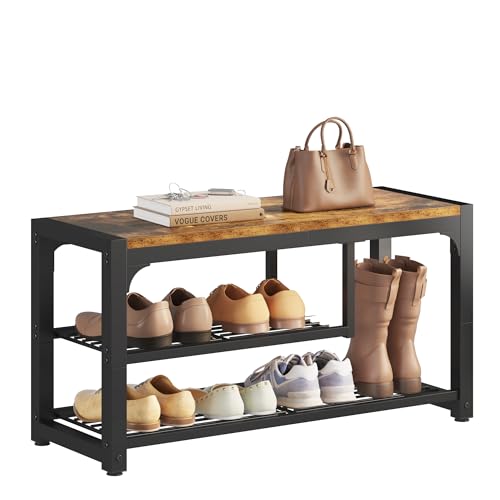 HOMEFORT Shoe Bench,3 Tiers Shoe Rack Bench,31.5" Shoe Storage Bench for Entryway, Retro Industrial Entry Bench with Mesh Shelves and Boot Storage,for Front Door Entrance, Rustic Brown - color: Rustic Brown, size: 31.5"(3 Tiers)