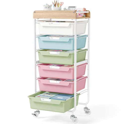 6 Drawer Rolling Cart for Craft Storage,Utility Drawer Organizer with Handle and Wooden Top,Storage on wheels for Office, Classroom,Laundry,Garage,Snack,Art Supply,Colorful - color: Colorful, size: 6-Drawer