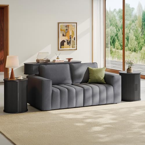 LINSY HOME Round Fluted End Table, Tall Side Table with Sliding Tambour Door and Storage Shelf, Mid Century Modern Nightstand for Living Room, Bedroom, Black - color: Black
