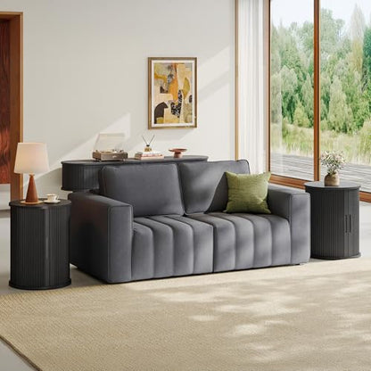 LINSY HOME Round Fluted End Table, Tall Side Table with Sliding Tambour Door and Storage Shelf, Mid Century Modern Nightstand for Living Room, Bedroom, Black - color: Black
