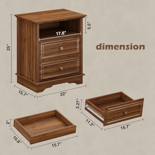 Brafab Bedside Table Set of 2 with Hidden Drawer, 25" Tall | Walnut Night Stand with 2 Drawers and Open Shelf, Classic Wood Night Stands with Secret Storage for Bedroom, Guest Room - color: Walnut