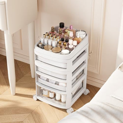 Rolling Cart with 4 Drawers, Clear Plastic Drawer Organizers, Dust Proof Under Desk Storage for Makeup, Skincare, Art Crafts and Baby Items, Acrylic Cosmetic Organizer with Dividers, Vanity Cart - size: 4 Tier