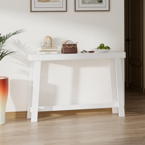 47-Inch Narrow Console Table, Entryway Sofa Table for Hallway,White | 100% Natural Bamboo slim profile, reinforced angled frame versatile wall-side placement - color: White, style: Classic