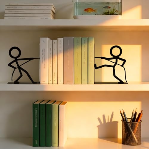 Metal Bookends People Book-end, Decorative Cute Book Ends for Shelves in Home Office Desk, Bookshelf Decor & Gift, Stable Storage (Tug War Black)