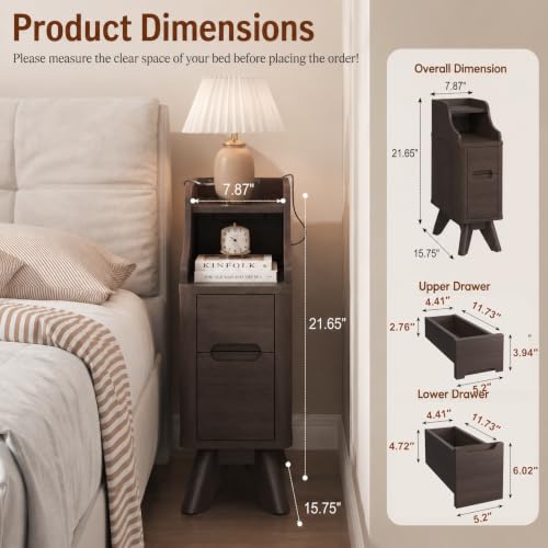 7.87"Narrow Side Table, Wood Small 2 Drawer Nightstand with Charger Station | Thin Couch Side End Table, Brown Skinny Bedside Table Small Spaces, Mid Century Modern Night Stand with Drawers - color: Brown, size: Narrow (2 drawer)