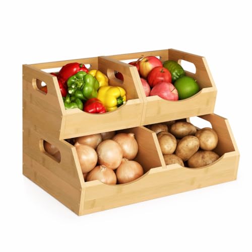 Potato and Onion Storage Bin, 2 Tier Bamboo Kitchen Storage Rack, Stackable Ventilated Pantry Organizer with Handles for Garlic Peppers Vegetables, Countertop Produce Bins, Natural Brown - color: Natural Brown(2 Tier)