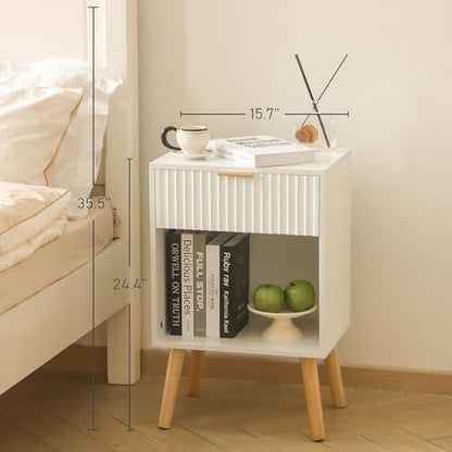 Fultyle White Nightstand, Modern Bedside Table with Drawer and Open Storage, Fluted End Side Table Living Room with Solid Wood Legs for Bedroom (White) - color: White
