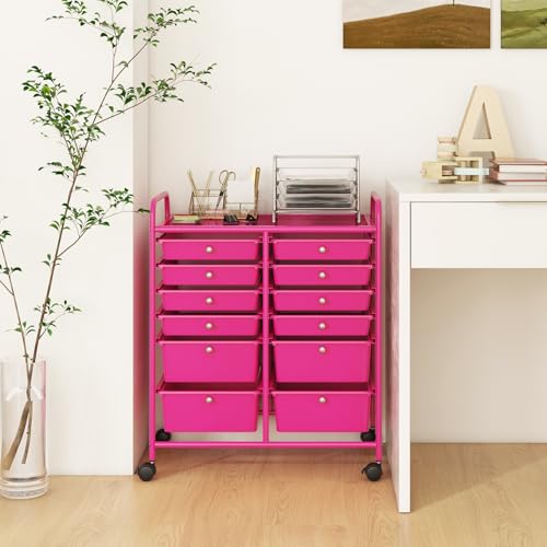 Moccha 12-Drawer Rolling Storage Cart - Utility Cart on Wheels with Lockable Casters for Craft Art Supply Paper Salon, Mobile Drawer Carts for Classroom Teacher School Office (Hot Pink) - color: Hot Pink, style: 12 Drawers
