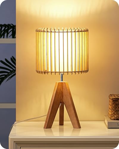 EDISHINE 14.17" Small Table Lamp, Wood Tripod Bedside Lamp, Natural Wood-Colored Hollow & White PVC Shade, E26 Base, Boho Nightstand Lamp for Bedroom, Living Room, Office, Study - color: Rosewood Color&Vertical Wood Slat Shade