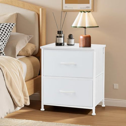 Nightstand Set of 2 Small 2 Drawer Dresser End Table Bedside Furniture | Wooden Top Fabric Bins for Bedroom, Closet, Entryway, Dorm, 11.8" D x 18" W x 20", White - color: White