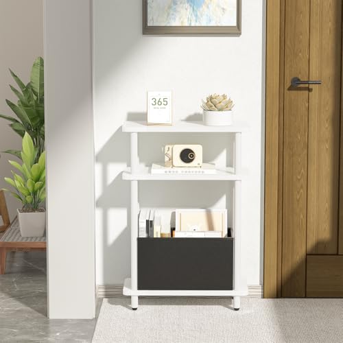 THUMEYE Narrow Side Table with Fabric Basket, 7" Wide, 3 Tier Skinny End Table with Wood Legs, Slim Nightstand/Bedside Table for Small Spaces, with Adjustable Feet, 15.7" L x 23" H, White - color: White