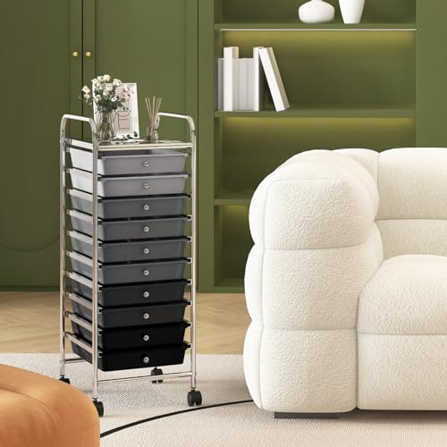 DREAMADE Rolling Cart with Storage Drawers, Utility Cart with Removable Plastic Drawers, Lockable Wheels, Art Cart for Classroom Organization Art Supplies Office Scrapbook (10 Drawers, Mixed-black) - color: Mixed-black, style: 10 Drawers