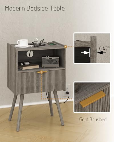 JOONEE Nightstand with Outlet,Modern Bedside Table with Storage Drawer and Open Wood Shelf, for Living Room, Bedroom and Small Spaces, Accent Night Stand with Solid Wood Legs, Easy Assembly,Grey Oak - color: Grey Oak-outlet
