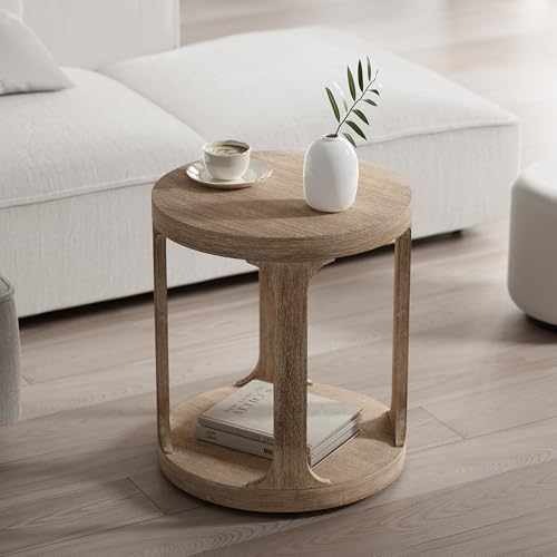 COZAYH Farmhouse Small End Table Coastal Low Wood Side Table, Wood Grey | Rustic Round Pedestal Table for Small Space, Living Room, Office, Couch, Distressed Finish