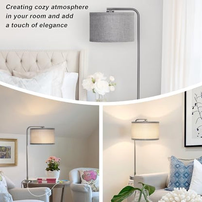 Gray Bedside Lamp with USB C+A Charging Ports, Fully Dimmable Modern Nightstand Lamp with Grey Fabric Shade, Tall Reading Lamp Desk Lamp for Bedroom Living Room Office with 3000K LED Bulb - color: Metal Gray Base with Gray Shade