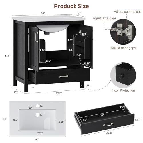 ONBRILL 30'' Bathroom Vanity with Single Sink Combo, Freestanding Bathroom Vanities with Resin Sink & Door Shelf, Farmhouse Storage Cabinet with 2 Soft Closing Door & Drawer (Black) - color: Black