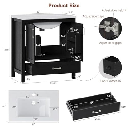 ONBRILL 30'' Bathroom Vanity with Single Sink Combo, Freestanding Bathroom Vanities with Resin Sink & Door Shelf, Farmhouse Storage Cabinet with 2 Soft Closing Door & Drawer (Black) - color: Black