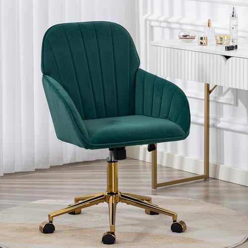 Velvet Make Up Vanity Chair with Wheels and Gold Base 330 Lbs - Green | Home office Chair, Study Chair, Teacher Chair, Cute Chair, Height Adjustable Swivel Desk Chair, for Living Room Study Room - color: Green