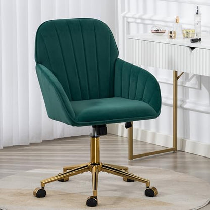 Velvet Make Up Vanity Chair with Wheels and Gold Base 330 Lbs - Green | Home office Chair, Study Chair, Teacher Chair, Cute Chair, Height Adjustable Swivel Desk Chair, for Living Room Study Room - color: Green