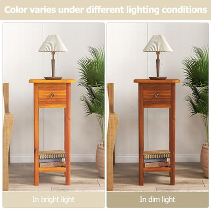 Giantex Narrow End Table with Drawer, Tall Acacia Wood Side Table with Bottom Shelf, Modern Bedside Tables, 2-Tier Nightstand for Small Spaces Bedroom Living Room, No Assemble Required, Brown - color: Brown