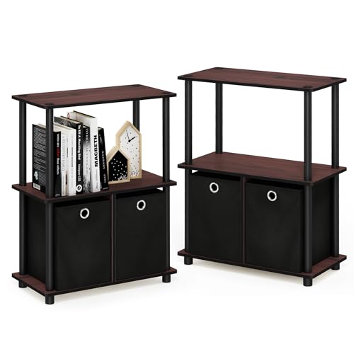 Furinno TURN-N-TUBE Storage Shelves Set of 2, 3-Tier Toolless Book Shelf with Storage Bins, Display Shelf, for Organization and Storage, Living Room, Garage, Home Office, Dark Cherry - color: Dark Cherry, size: 3-Tier with Bin (Set of 2)