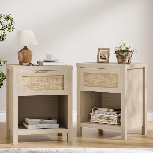 Eclatara Rattan Nightstand Set 2: Boho End Table with Drawer and Storage Shelf, Farmhouse Cane Accent Bedside Night Stands for Bedroom Small Space Sofa (2, Original Oak) - color: Original Oak (Medium 1 Drawer)
