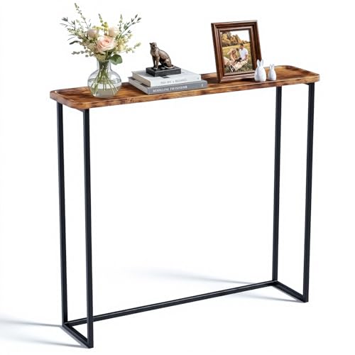 Faesun 33.5 Inch Behind Couch Table, Vacuum Forming Narrow Console Table, Thin Sofa Side Display Table, for Living Room, Bedroom, Rustic Brown - color: Brown, size: 33.5"w x 7.9"d (Centered)