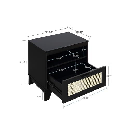 Manhattan Comfort Sheridan Cane Mid Century Modern Nightstand with 1 Full-Extension Drawer and Open Cubby Space, Elegant Bedside Table and Decor Accent for Bedroom and Living Room, Set of 2, Black - size: Set of 2