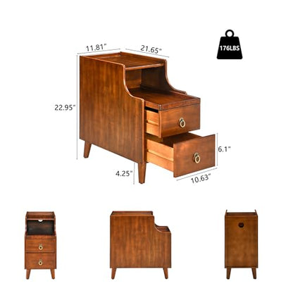 Narrow End Side Table with 2 Drawers and Pull-Out Tray, No-Tools Assembly Sofa Beside Table for Living Room, Slim Side Table with Solid Wood Legs, 11.8”W x 21.6”L x 22.9”H Caramel Brown BG-A1359-MG - style: 1*End Table with 2 Drawers