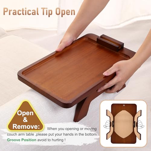 SINWANT Couch Arm Tray with 360° Rotating Phone Holder,Bamboo 15.35"x9.85" Folding Wide Sofa Arm Tray,Anti Slip Clip on Side Table Couch Armrest for Snacks,Drinks,Remotes - color: Walnut