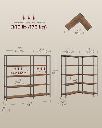VASAGLE 5 Tier Bookshelf with Metal Frame, Convertible Industrial Corner Shelf, 9.4 x 52.8 x 55.9 Inches, for Living Room, Bedroom, Home Office, Rustic Brown and Ink Black ULLS815KD01 - size: 5 Tiers (52.8"W)