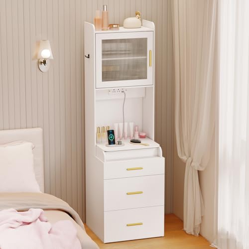 CHARMAID 3-in-1 Vanity Desk with Flip Top Mirror, Storage Stool on Wheels, Compact Makeup Vanity Table with Charging Station, Fluted Cabinet & Drawers, Tall Nightstand for Bedroom & Apartment, White