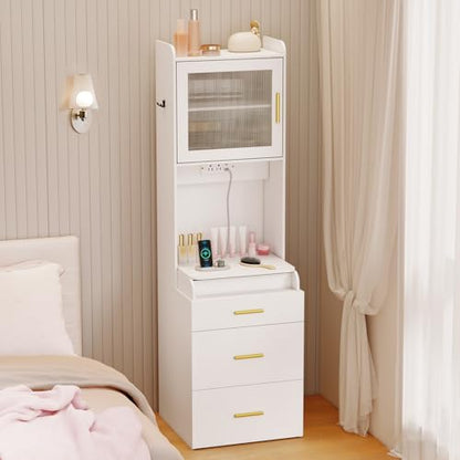 CHARMAID 3-in-1 Vanity Desk with Flip Top Mirror, Storage Stool on Wheels, Compact Makeup Vanity Table with Charging Station, Fluted Cabinet & Drawers, Tall Nightstand for Bedroom & Apartment, White