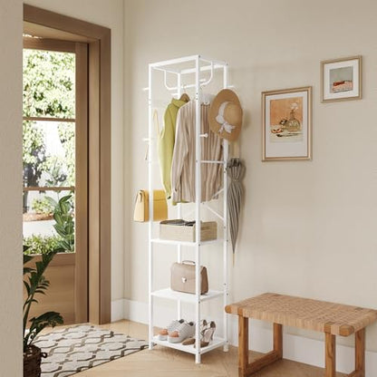 ELYKEN Coat Rack Freestanding, Hall Tree with 3 Storage Shelves and 12 Hooks, Industrial Clothes Rack Stand Organizer for Bedroom, Hallway, Entryway, Office, Living Room, White - color: White