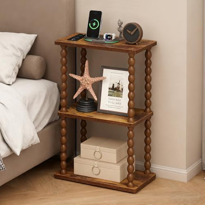 ELYKEN Narrow Side Table with Charging Station, 3-Tier Skinny Bedside Table | Small End Tables Living Room with USB Port and Outlet, Nightstands with Storage Shelf for Bedroom - color: Rustic Brown