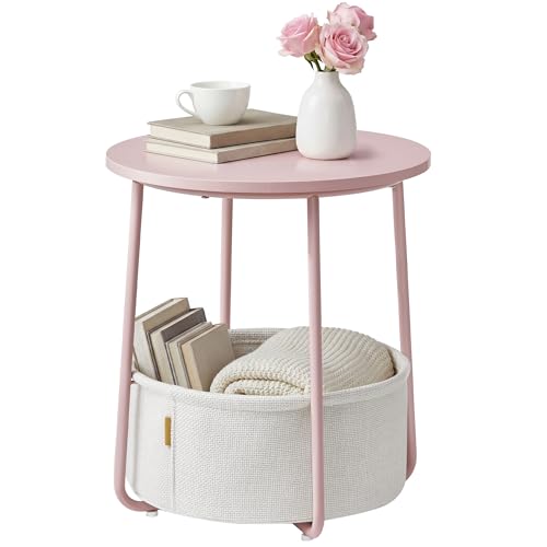 SONGMICS HOME Small Side Table, Round End Table, 2 Tier Nightstand with Basket, U Shaped Steel Legs, Easy Assembly, for Living Room, Bedroom, Pink and White - color: Pink + White, size: 1 pack