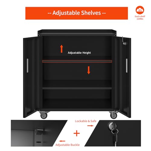 Washsemba Metal Garage Storage Cabinet with Wheels ，Lockable Rolling Tool Chest on Wheels, Utility Cabinet for Home, Office, Garage and Workshop(Black)