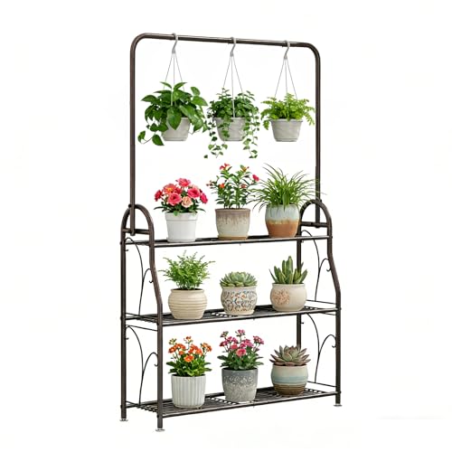 SORCEDAS Plant Stand Indoor Outdoor 3 Tier Tall Corner Hanging Shelf Metal Flower Stands Ladder Holder for Living Room Balcony Garden Patio Multiple Plants, Bronze - size: 3 Tier With Hanging-Bronze
