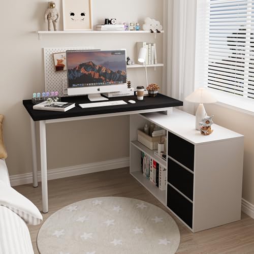 Bobve L Shaped Computer Desk, 47 Inch Home Office Desk with File Drawers & Storage Shelves, Small Corner Computer Desk for Small Space (White+Black) - color: White+black