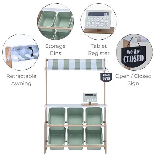 Teamson Kids Little Helper Wooden Farmer's Market Stand with Pretend Cash Register and 6 Plastic Storage Bins, Green, TD-13638A-AMZ | Pretend Grocery Store Playset, Cash Register Toy, 6 Storage Bins, Awning, Ages 3+ - style: Market Stand w/ Storage